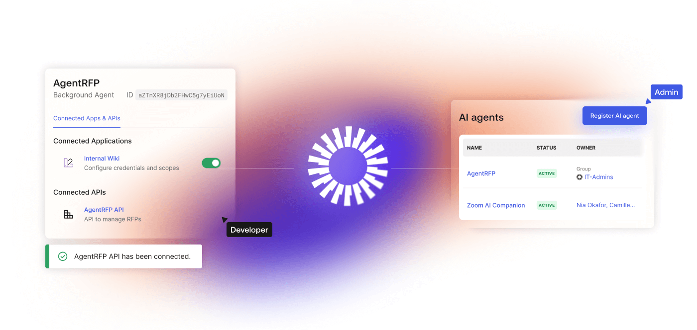 Elemento gráfico dividido que conecta o painel de gerenciamento secreto de um desenvolvedor com uma lista de diretórios de agentes de TI.