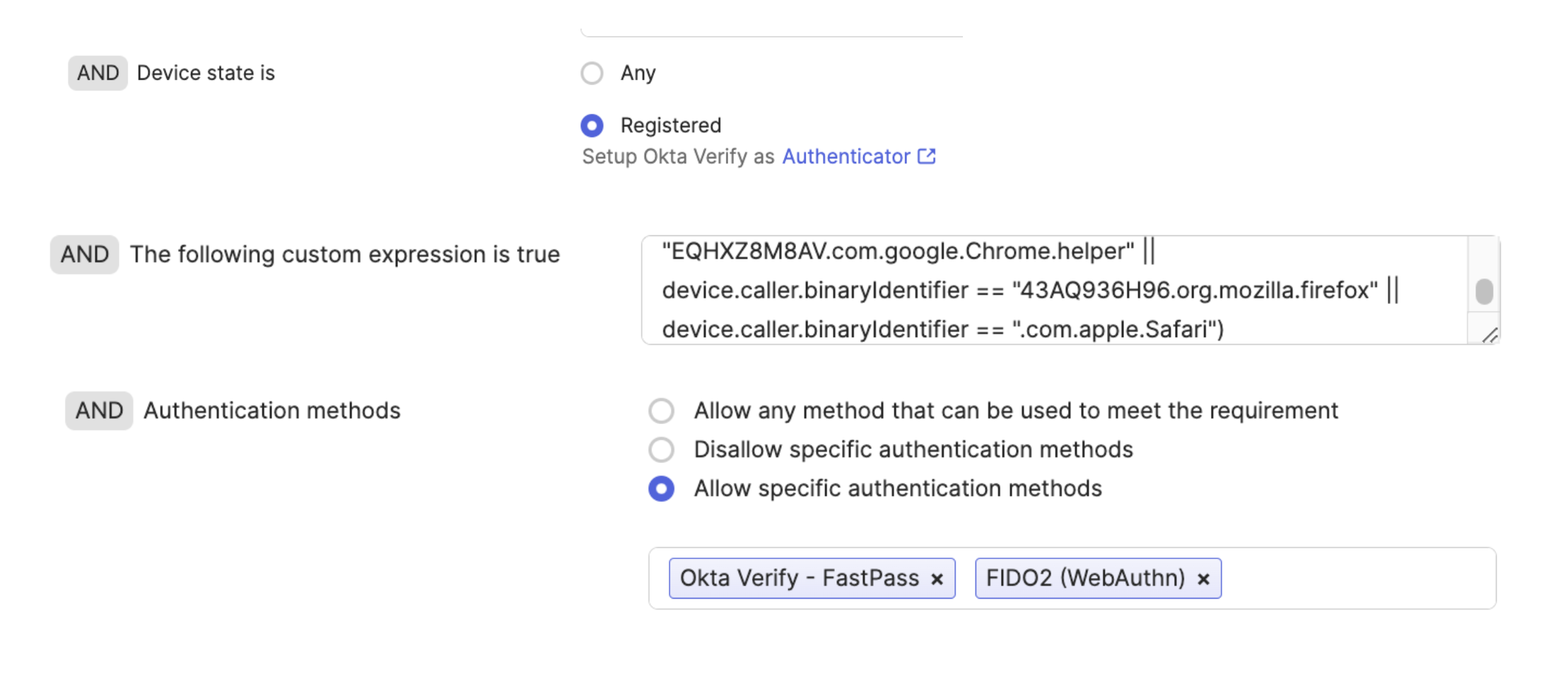 Screenshot of process combining Trusted App Filters with FIDO