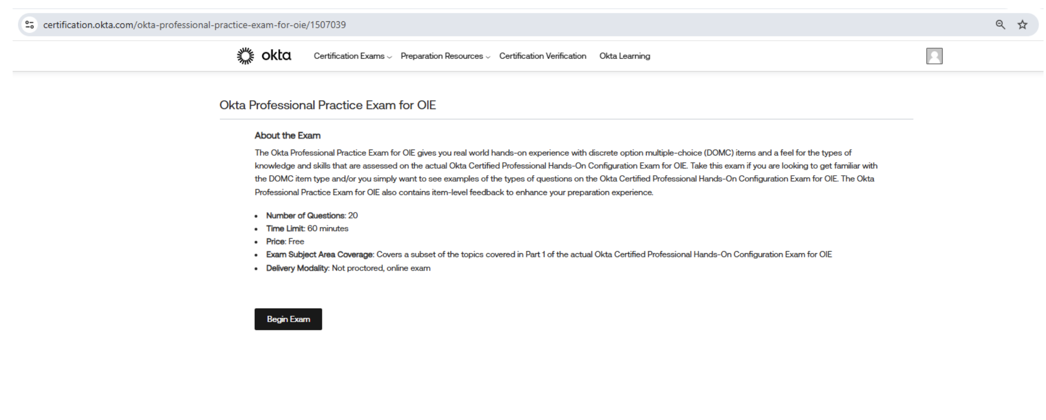 OIE向けのOkta Professional試験の最初のページ