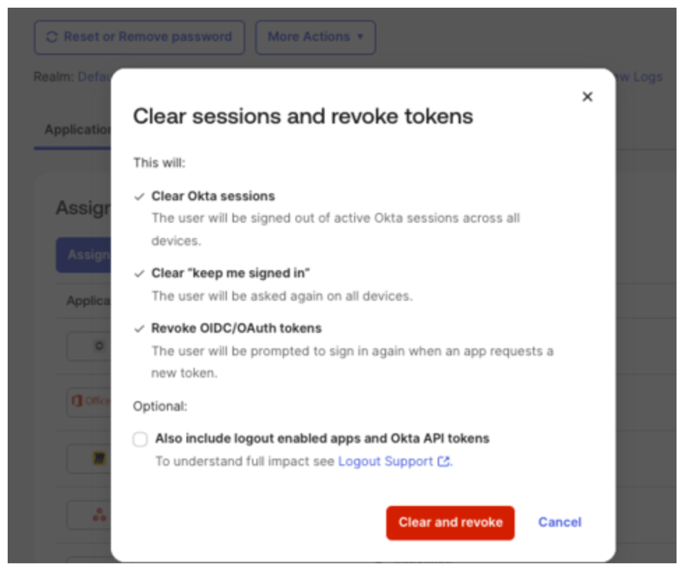 Popup da Okta mostrando opções para limpar sessões, revogar tokens e sair de aplicativos.