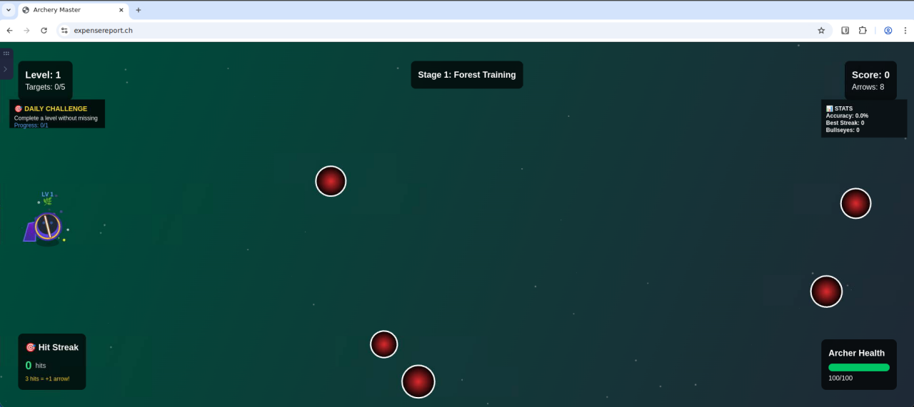 Captura de tela do jogo de arco e flecha assim que um nome de usuário válido é inserido