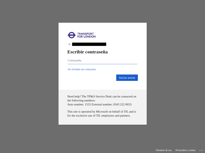 Captura de tela de um URL final contendo a página de login maliciosa que visa o Transport for London