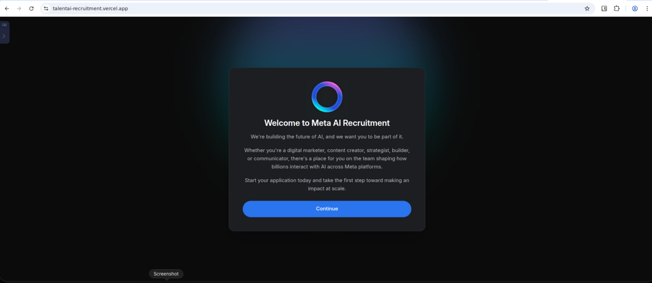 Página de destino da primeira etapa se passando por recrutamento da Meta IA