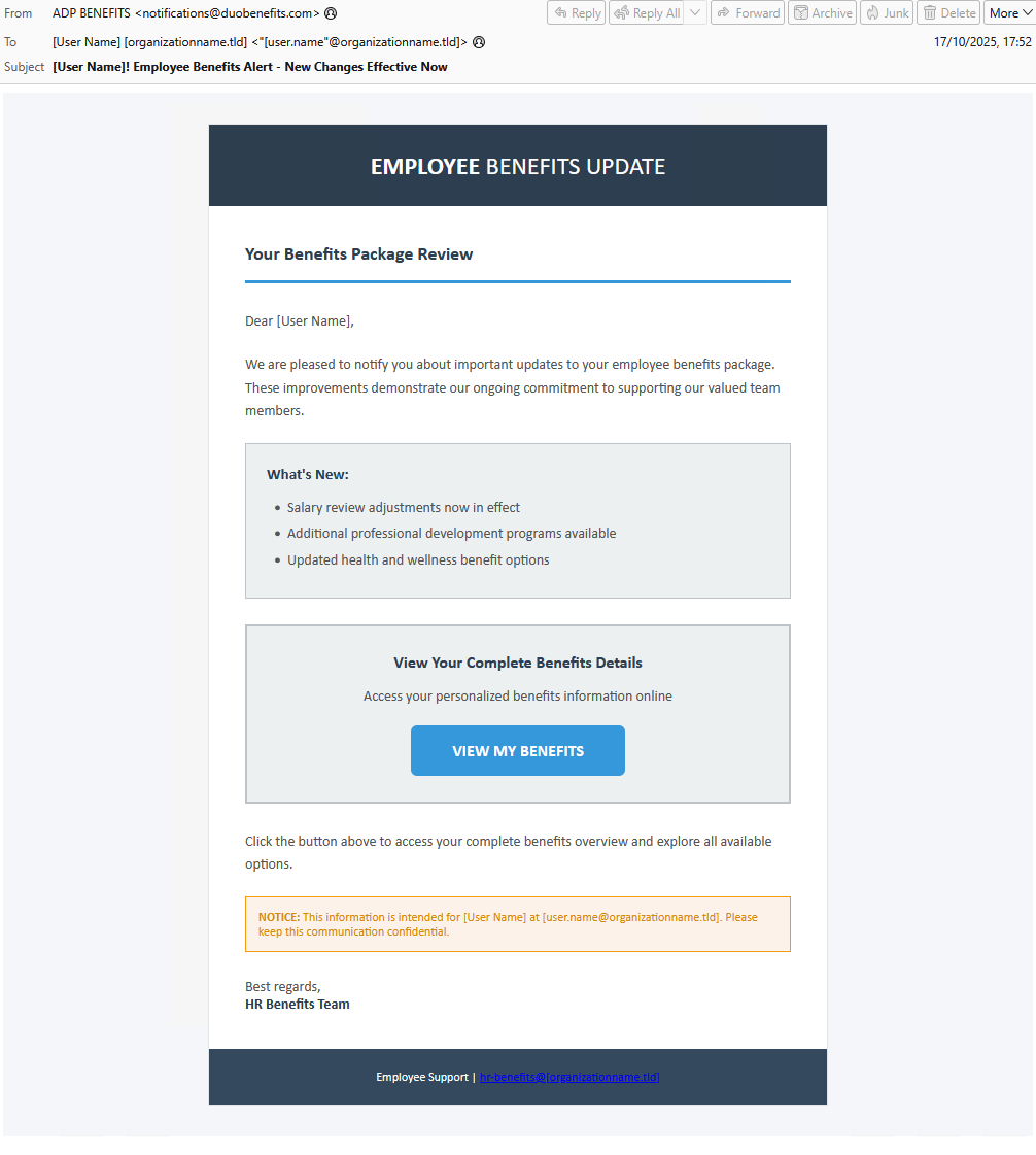 Figura 2. E-mail de *phishing* usando o chamariz “Benefícios para Funcionários”