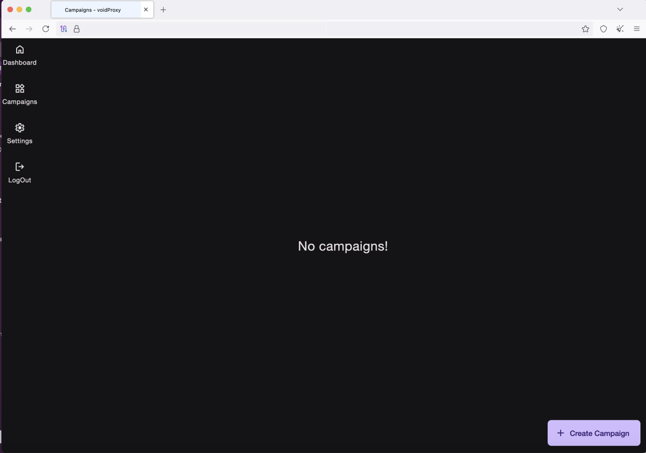 Página de campanhas do painel de administrador VoidProxy