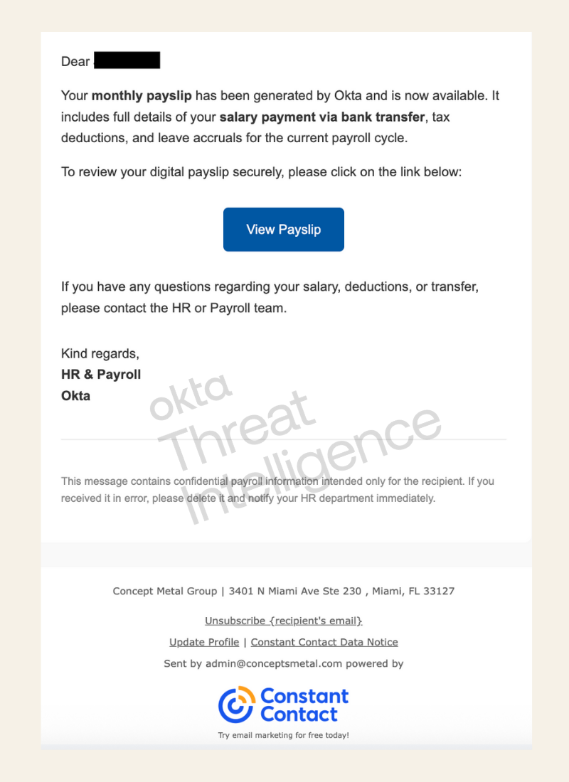 Uma mensagem de *phishing* interceptada abusando do Constant Contact