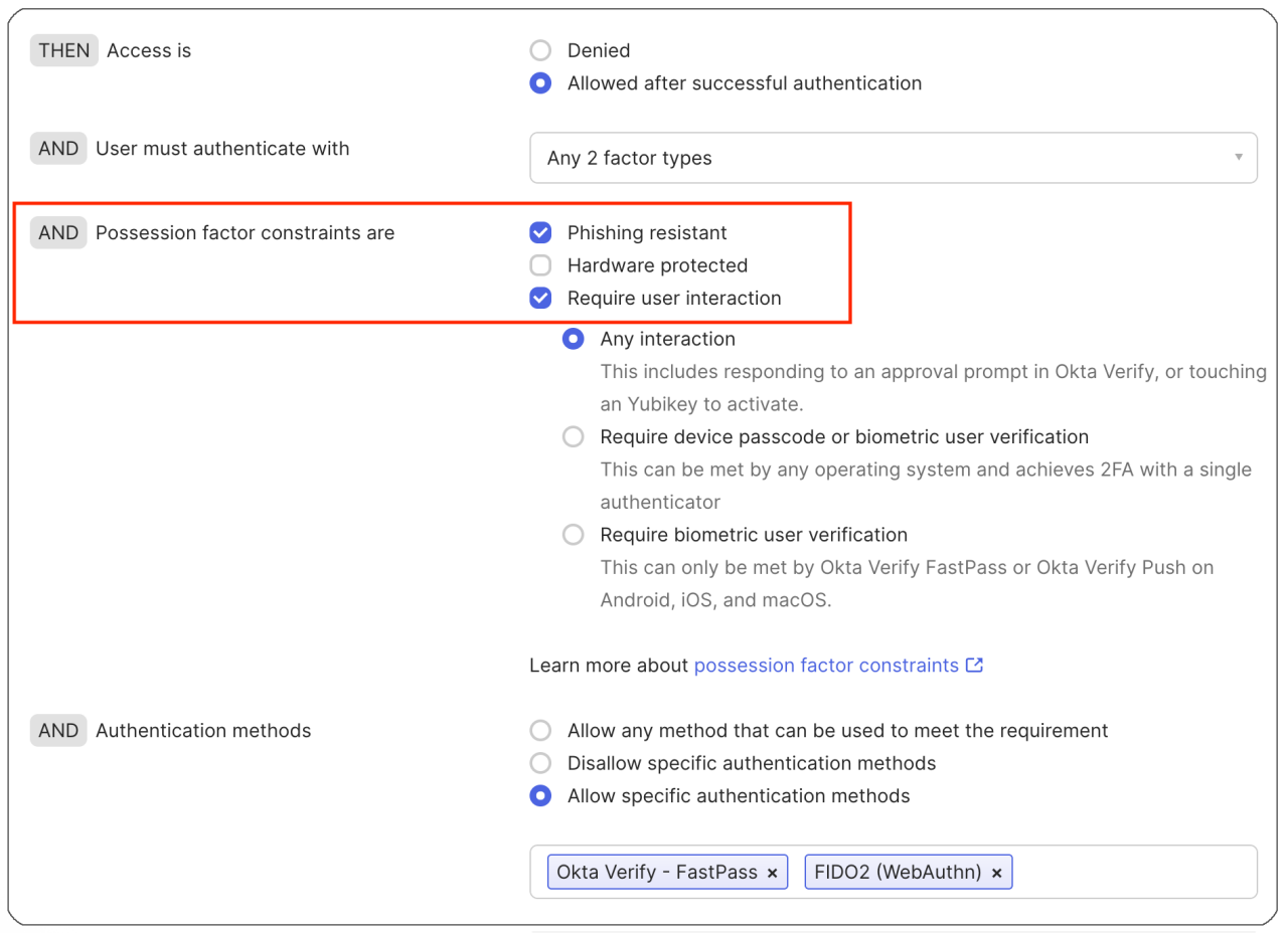 screenshot from an okta identity engine authentication policy rule