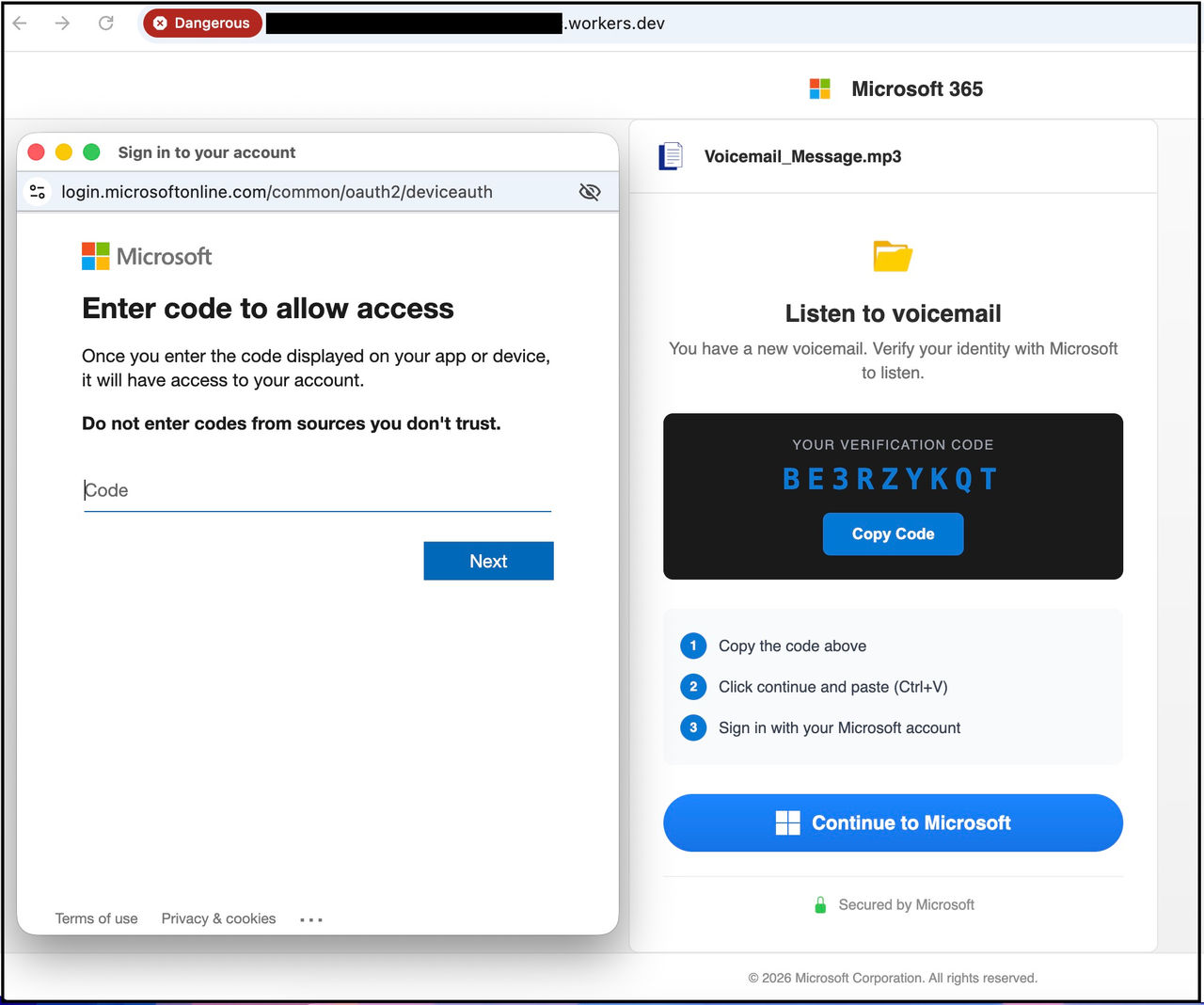 A screenshot of a recent device-code phishing attempt. In this example, a user is falsely informed of a pending voicemail. One sign-in is complete, the attacker has access to the person’s Microsoft 365 account.