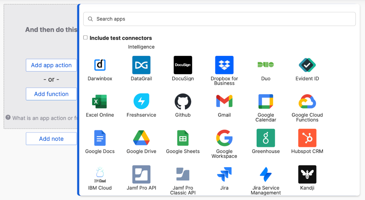80個以上の構築済みコネクターのリストを示すOkta Workflowsインターフェイスのスクリーンショット。