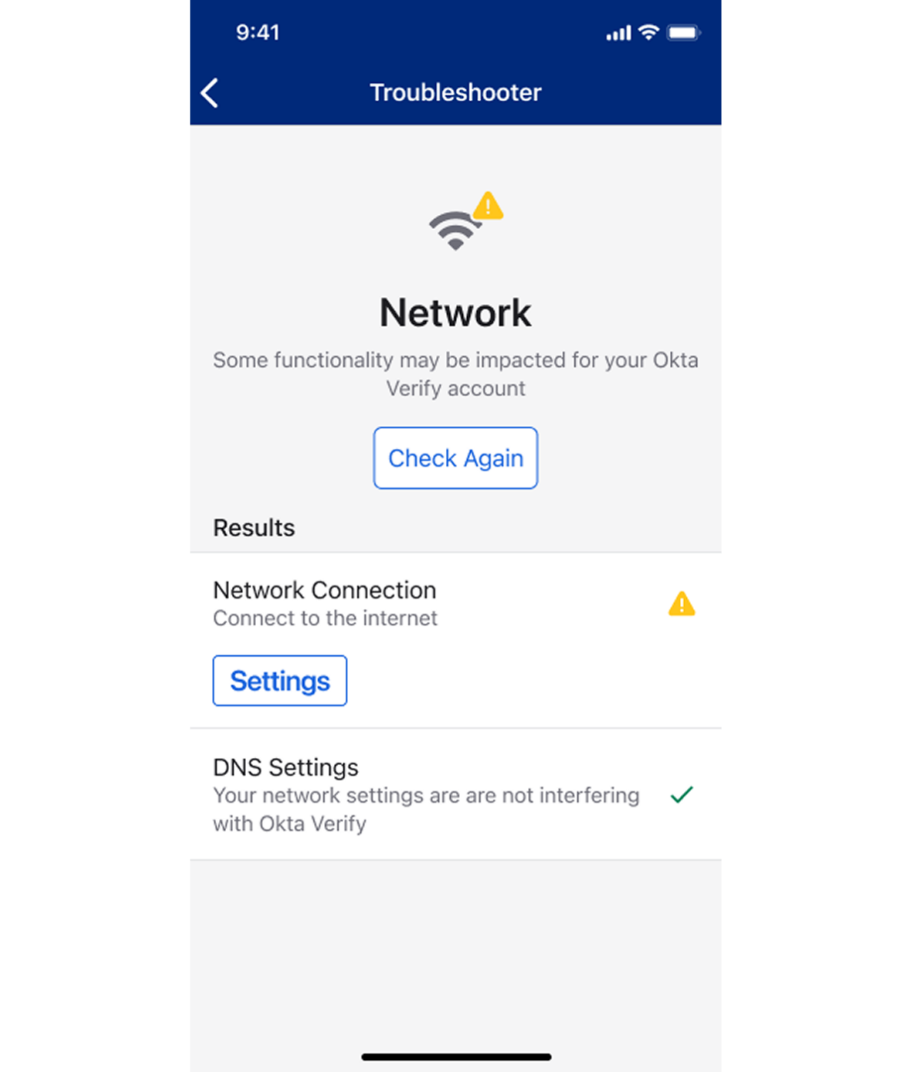 A mobile troubleshooting interface displays network-related issues for Okta Verify. 