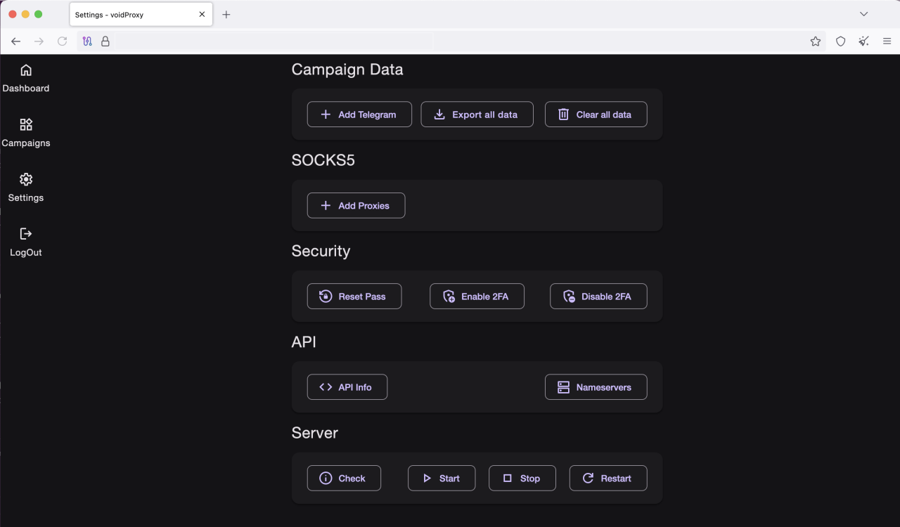Página de configuración de campañas del panel de administrador de VoidProxy