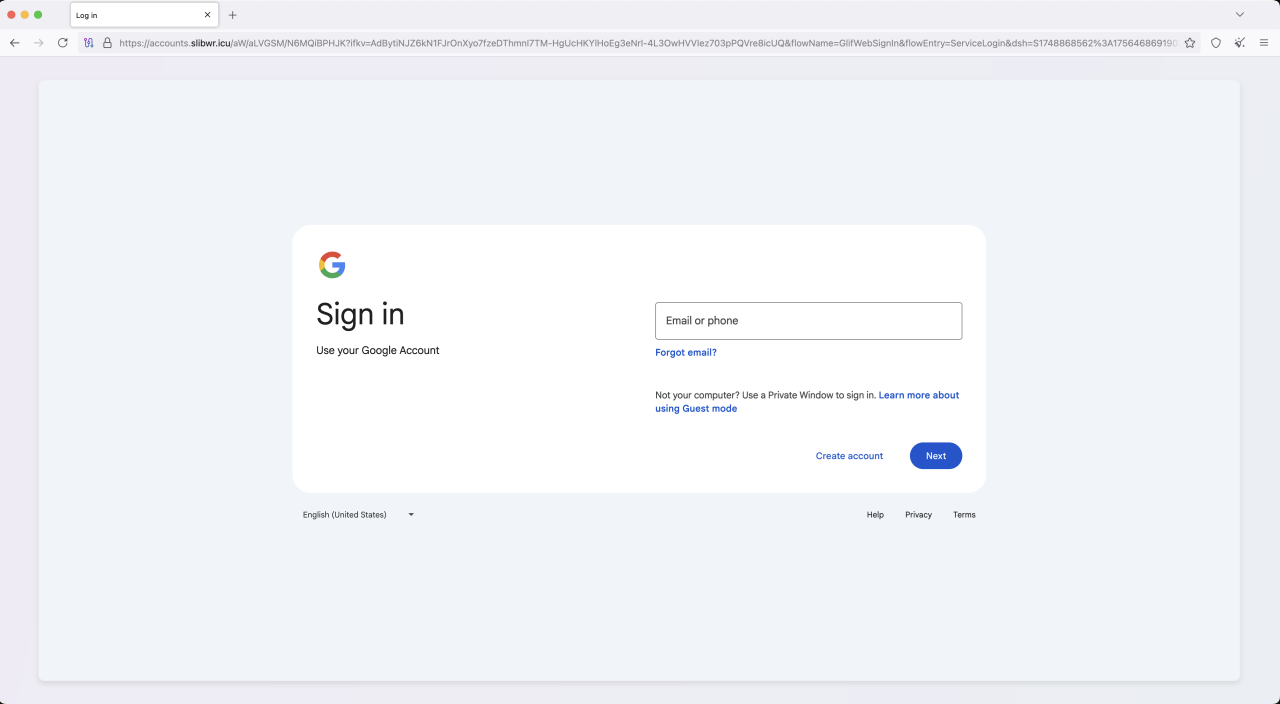Una página de phishing de VoidProxy dirigida a cuentas de Google