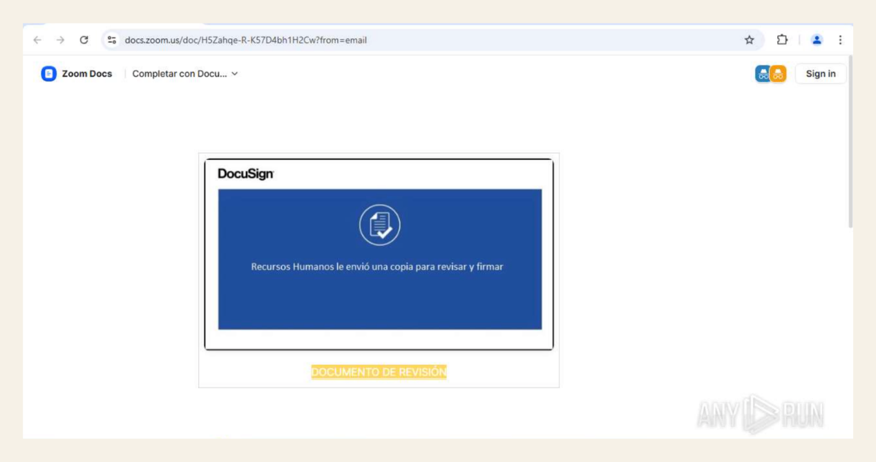 El señuelo de DocuSign entregado a través de Zoom Docs, identificado mediante AnyRun