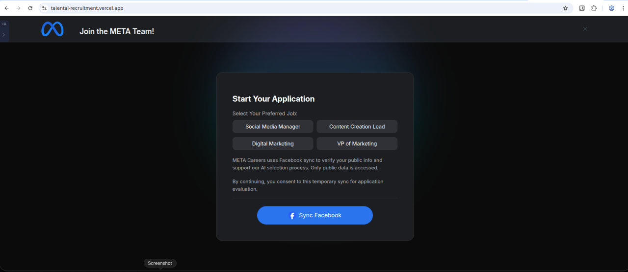 Second-stage "application" page impersonating Meta